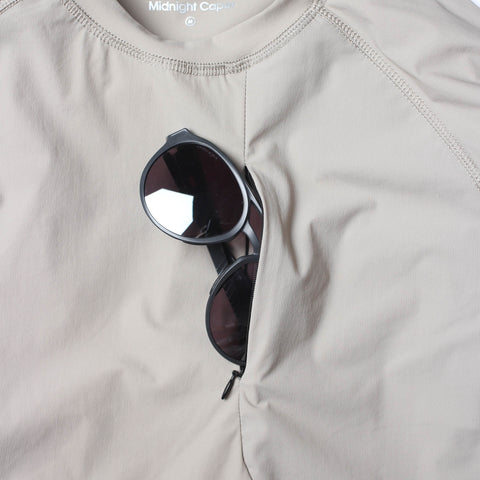 Midnight Caper Long Sleeve Lowe Tech Tee Shirt with a chest zipper to hold sunglasses, ID, credit cards or snacks.  Designed in Los Angeles, California made for gravel and mountain biking